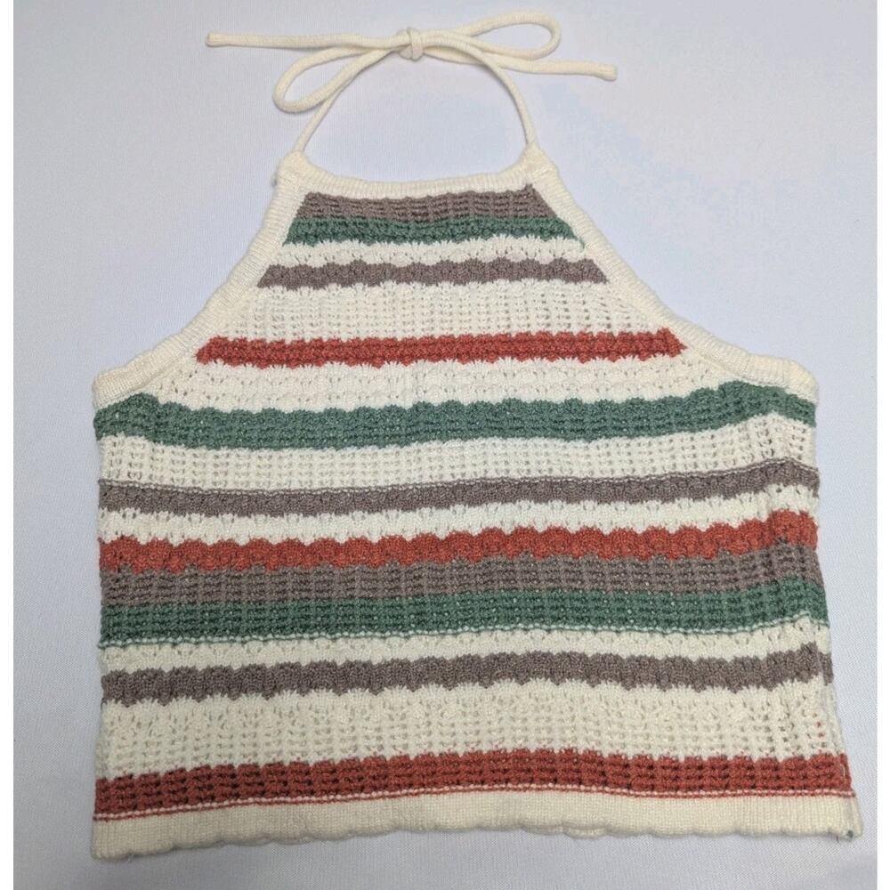 RSQ Crochet Boho Y2K Style Cream Green Striped Halter Top Fall Lined Sz M Medium - Picture 2 of 5